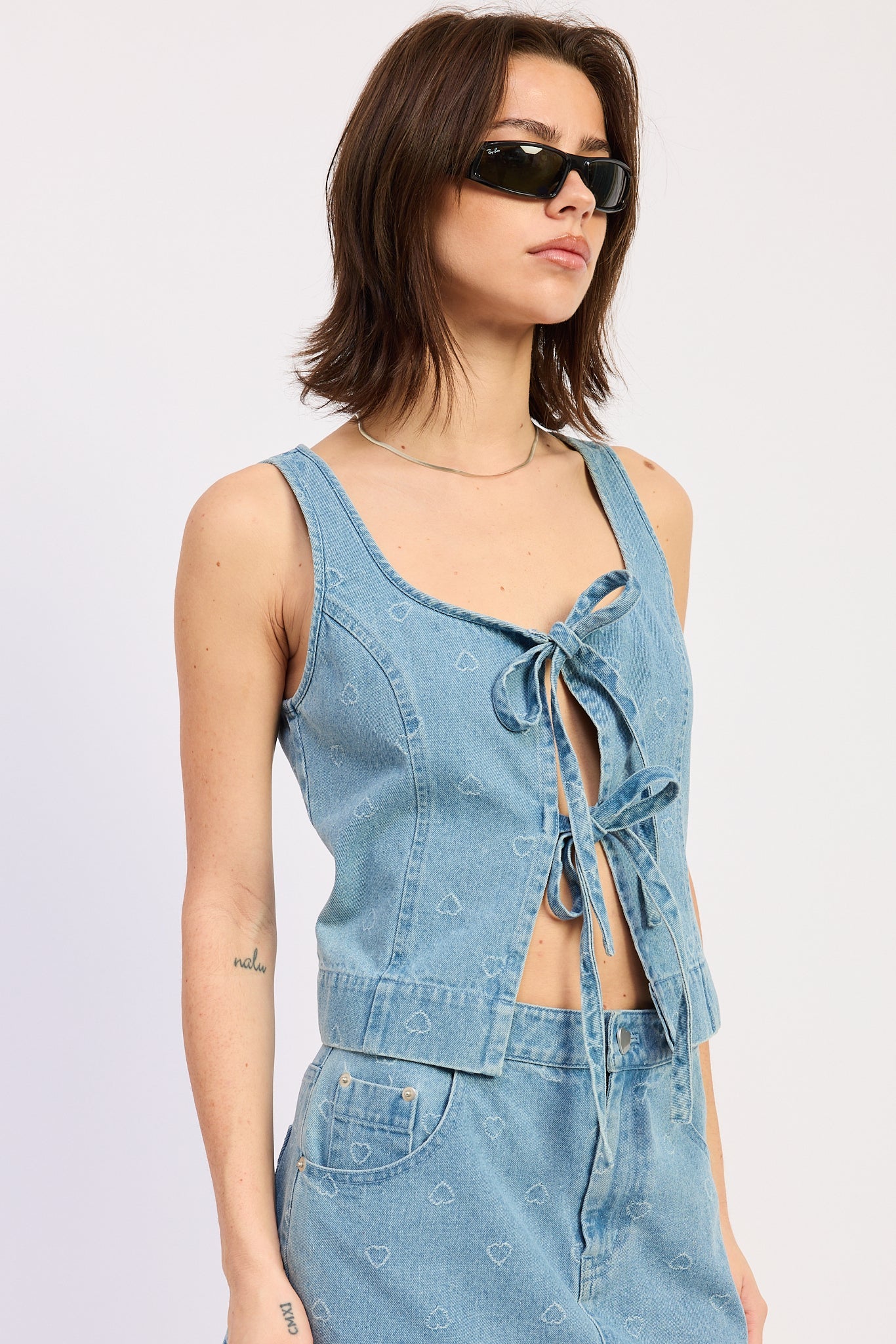 Sleeveless Denim Front Tie Top — Cotton Viscose Blend Matching Set Style - Tops