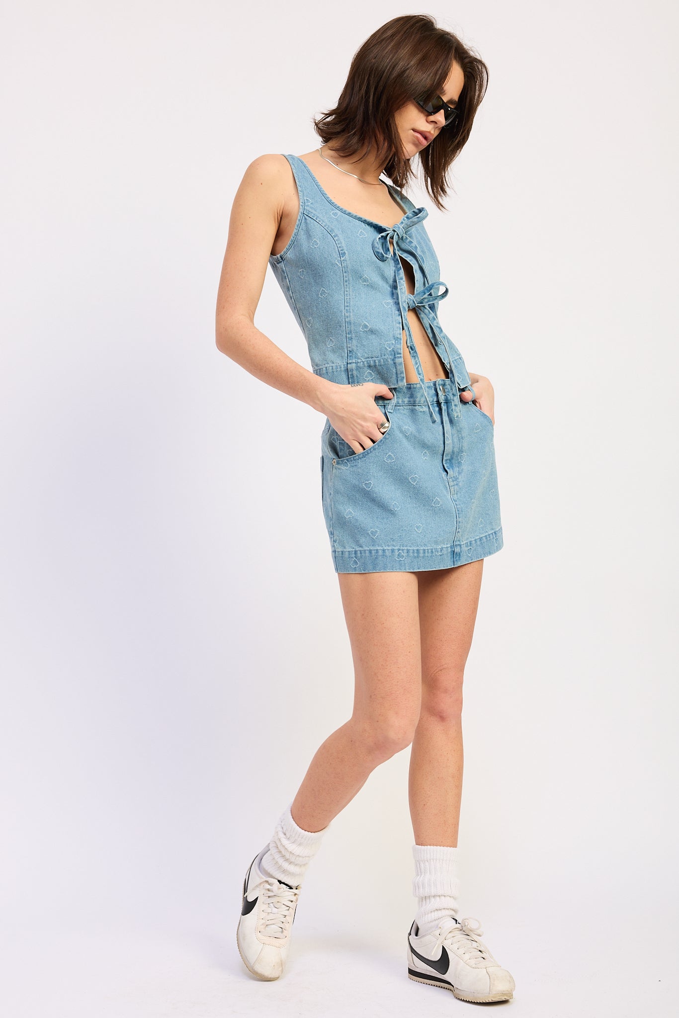 Distressed Denim Mini Skirt — Cotton Viscose Blend Matching Set Casual Style - Skirts