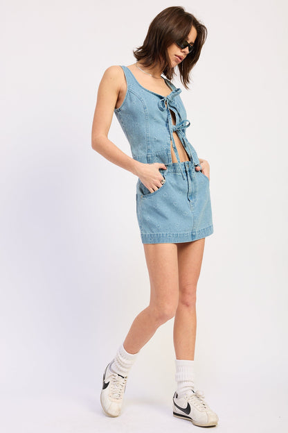 Distressed Denim Mini Skirt — Cotton Viscose Blend Matching Set Casual Style - Skirts