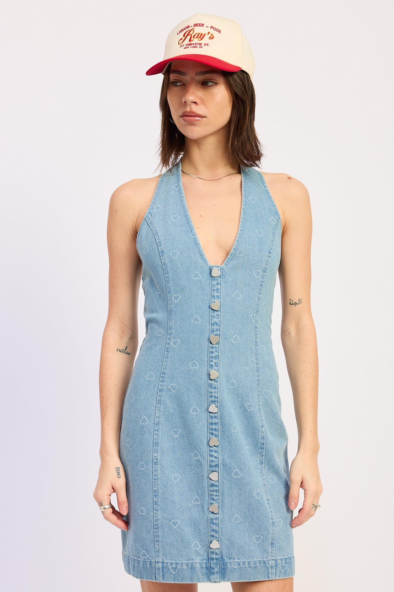 Light Wash Denim Halter Heart Button Mini Dress — Cotton Viscose Figure Flattering Style - Light Blue Denim Mini Dresses