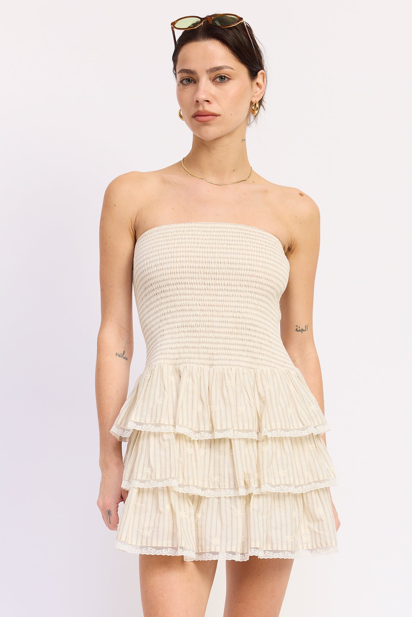 Striped Sleeveless Smocked Tiered Mini Dress — 100% Cotton Feminine Casual Style - Natural Stripe Mini Dresses