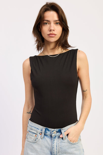 Sleeveless Boat Neck Bodysuit Nylon Spandex Back Trim Detail Fitted Style