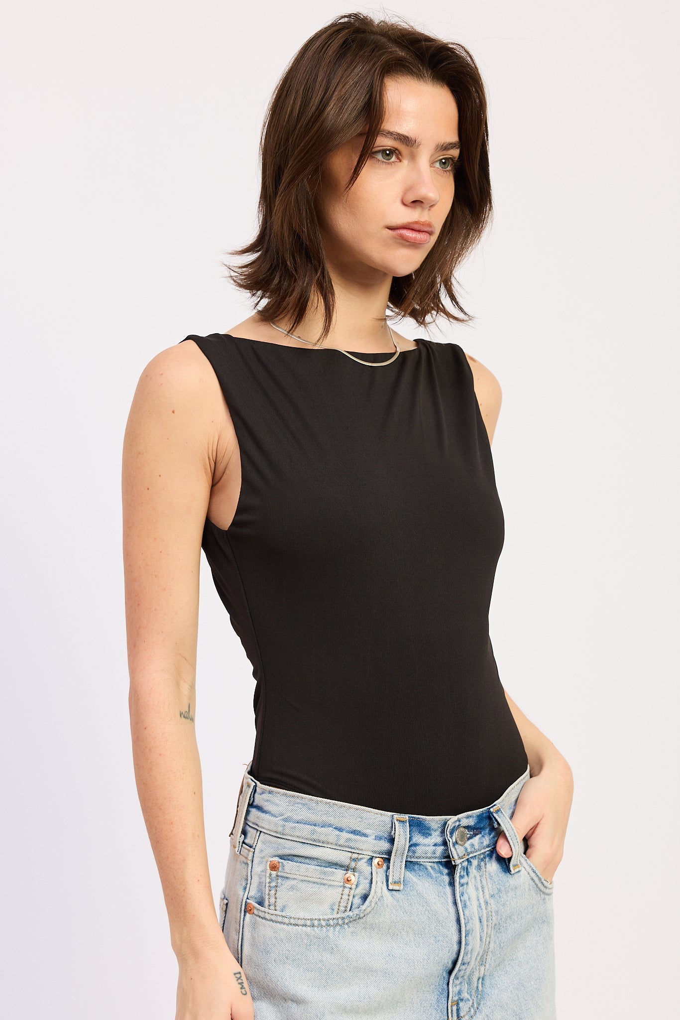 Sleeveless Boat Neck Bodysuit Nylon Spandex Back Trim Detail Fitted Style