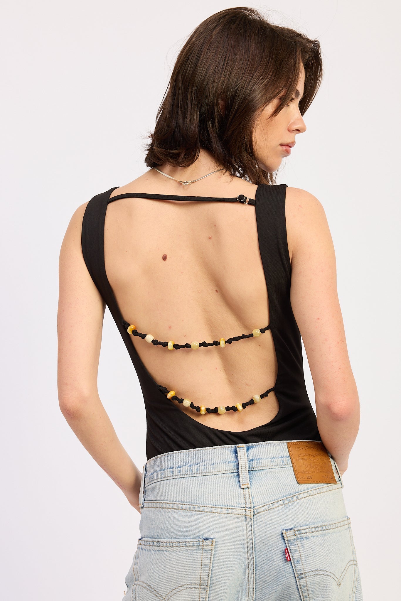 Sleeveless Boat Neck Bodysuit Nylon Spandex Back Trim Detail Fitted Style