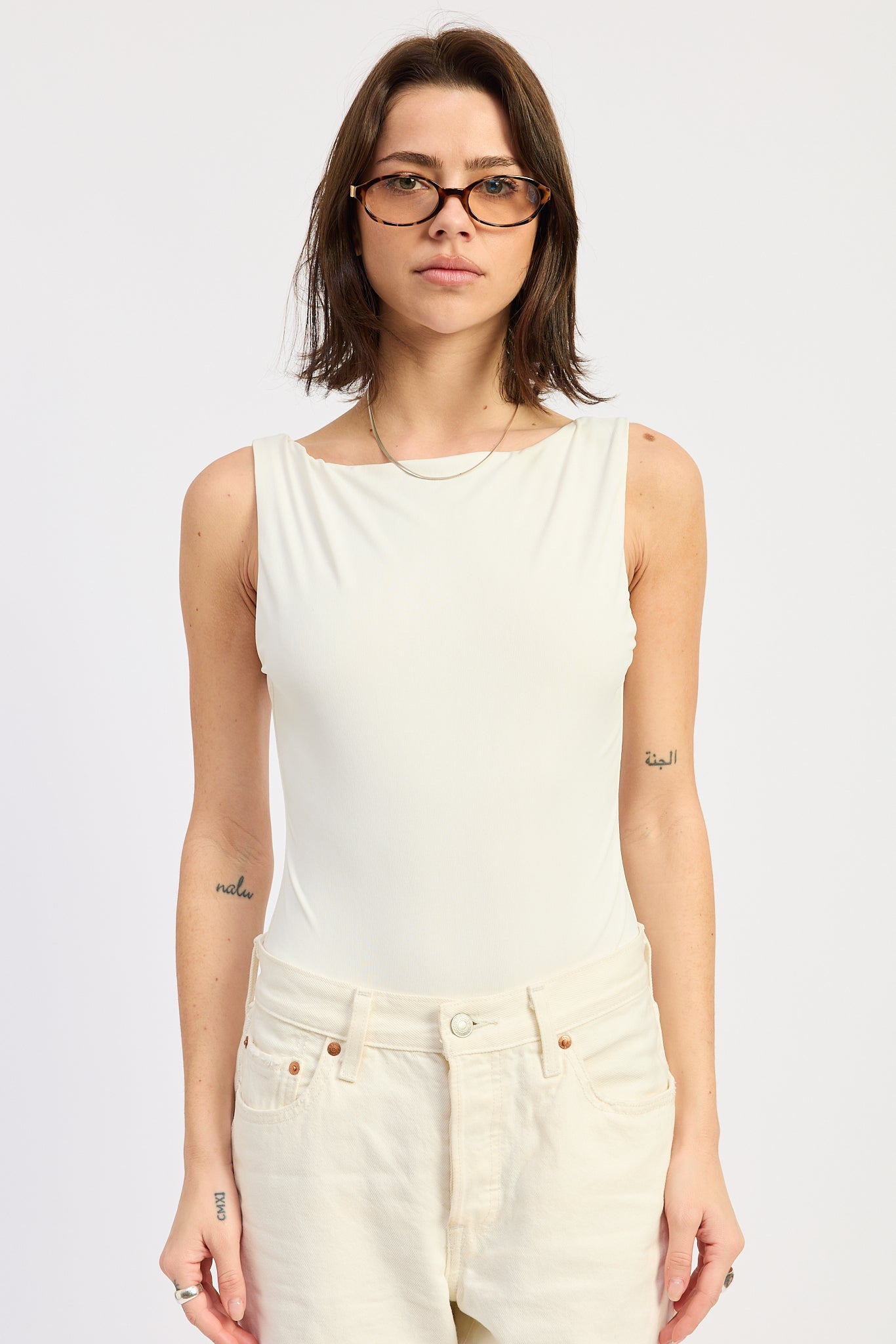 Sleeveless Boat Neck Bodysuit Nylon Spandex Back Trim Detail Fitted Style