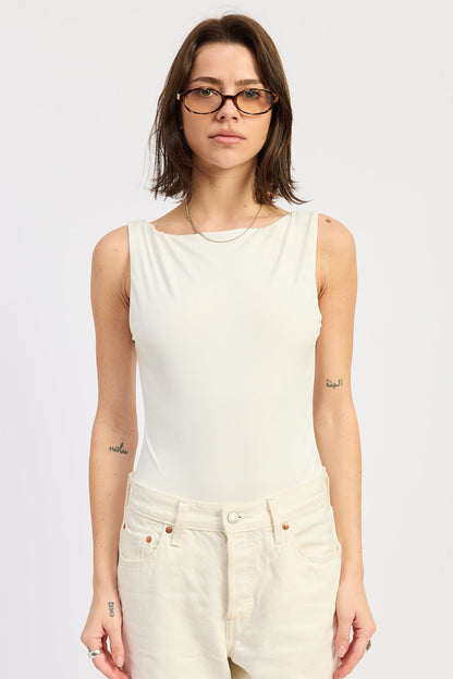 Sleeveless Boat Neck Bodysuit Nylon Spandex Back Trim Detail Fitted Style