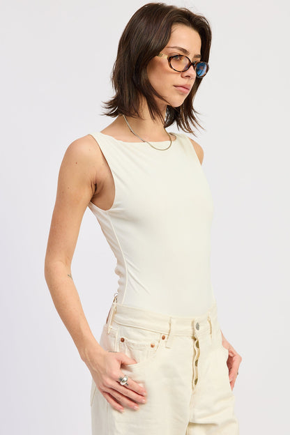 Sleeveless Boat Neck Bodysuit Nylon Spandex Back Trim Detail Fitted Style