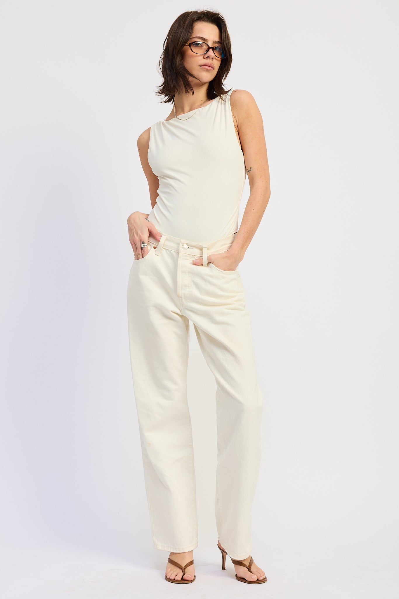 Sleeveless Boat Neck Bodysuit Nylon Spandex Back Trim Detail Fitted Style