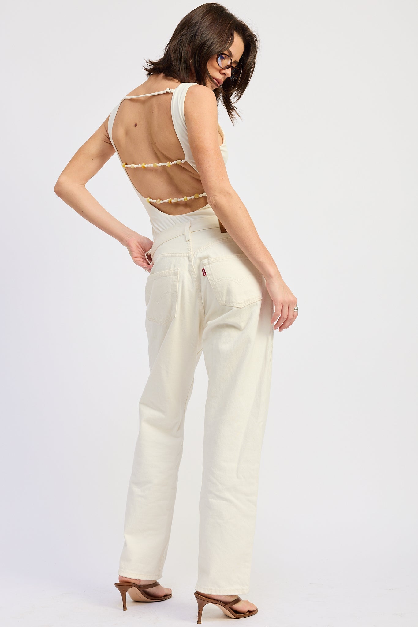 Sleeveless Boat Neck Bodysuit Nylon Spandex Back Trim Detail Fitted Style