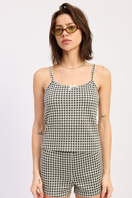 Gingham Tank Top — Polyester Rayon Spandex Blend Matching Set Casual Style - Tops