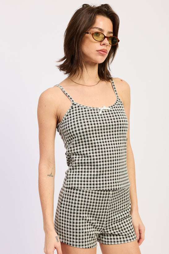 Gingham Tank Top — Polyester Rayon Spandex Blend Matching Set Casual Style - Tops