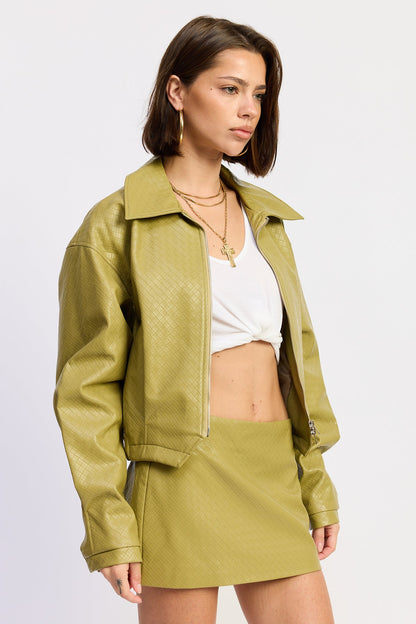 Cropped Collar Zipper Jacket — Cotton PU Matching Set Coordinating Style - Jackets