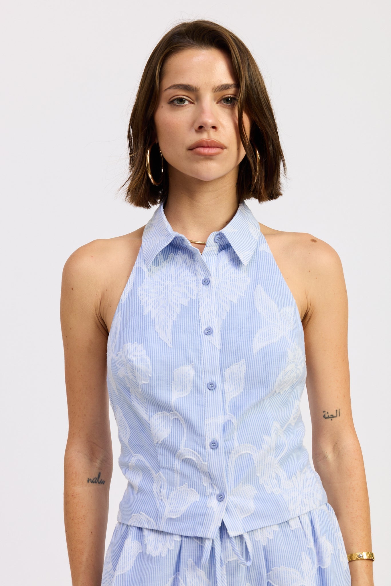 Button Down Collared Halter Top — Cotton Linen Jacquard Matching Set Style - Tops
