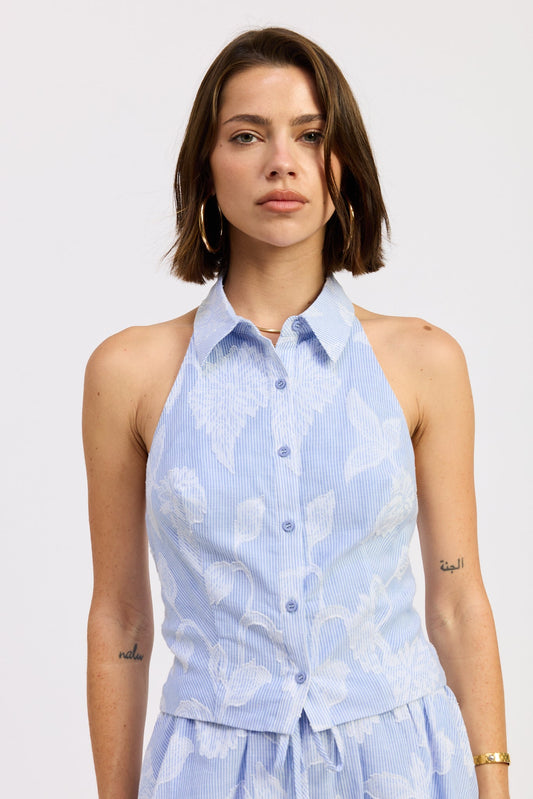 Button Down Collared Halter Top — Cotton Linen Jacquard Matching Set Style - Tops
