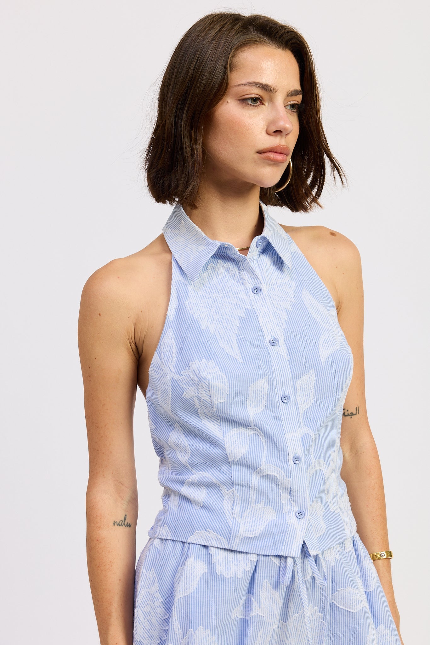 Button Down Collared Halter Top — Cotton Linen Jacquard Matching Set Style - Tops