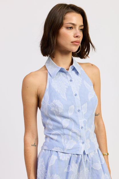 Button Down Collared Halter Top — Cotton Linen Jacquard Matching Set Style - Tops