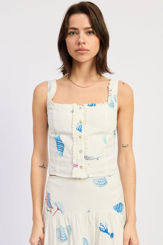 Shell Print Linen Ruffled Tank Top — Viscose Linen Blend Matching Set Style - Tank Tops