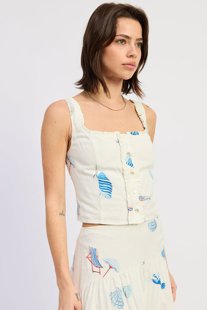 Shell Print Linen Ruffled Tank Top — Viscose Linen Blend Matching Set Style - Tank Tops