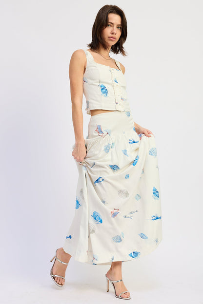 Shell Print Linen Maxi Skirt — Viscose Linen Blend Matching Set Flowing Style - Skirts