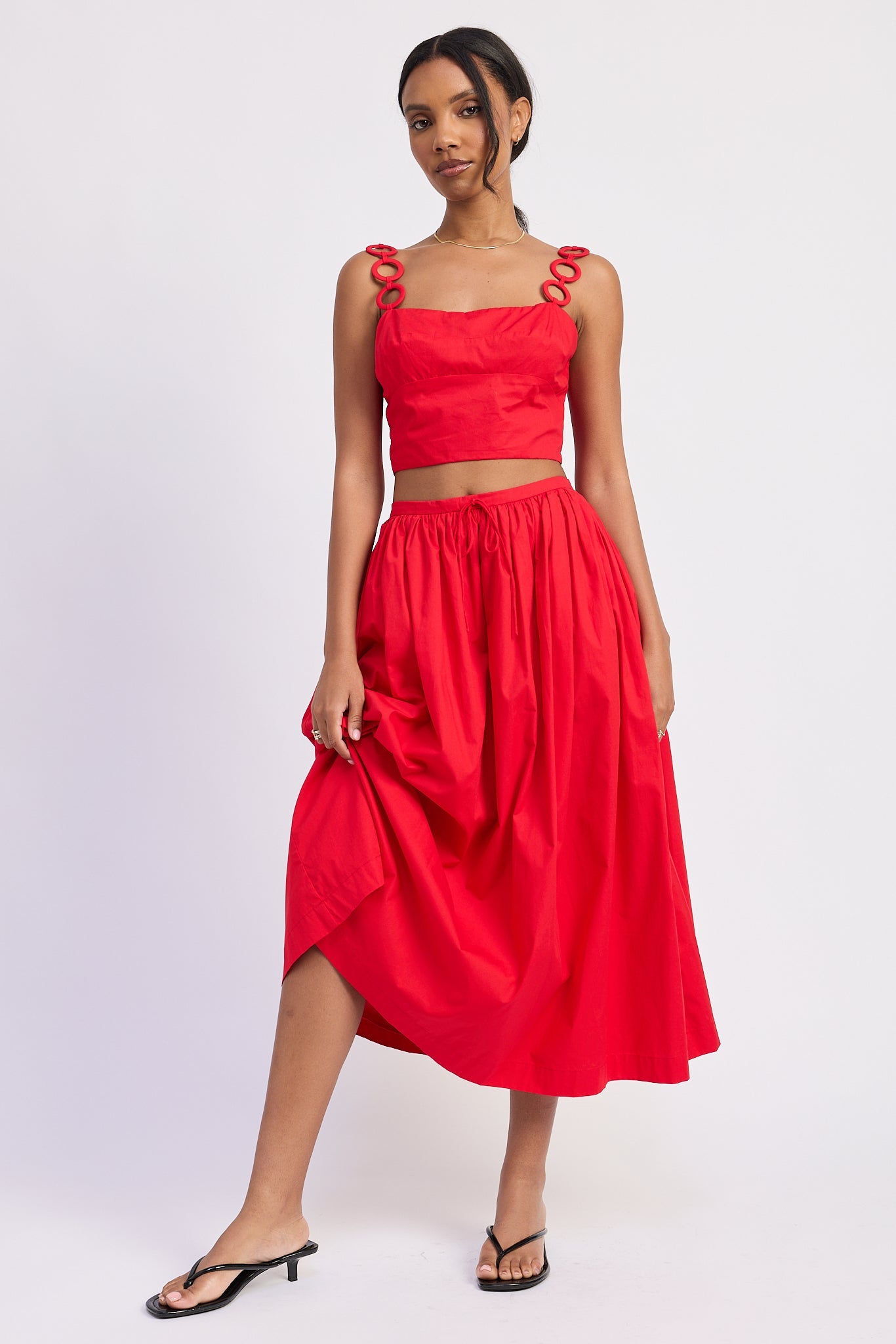 Full Shirred Midi Skirt — 100% Cotton Matching Set Flowing Silhouette - Red Skirts