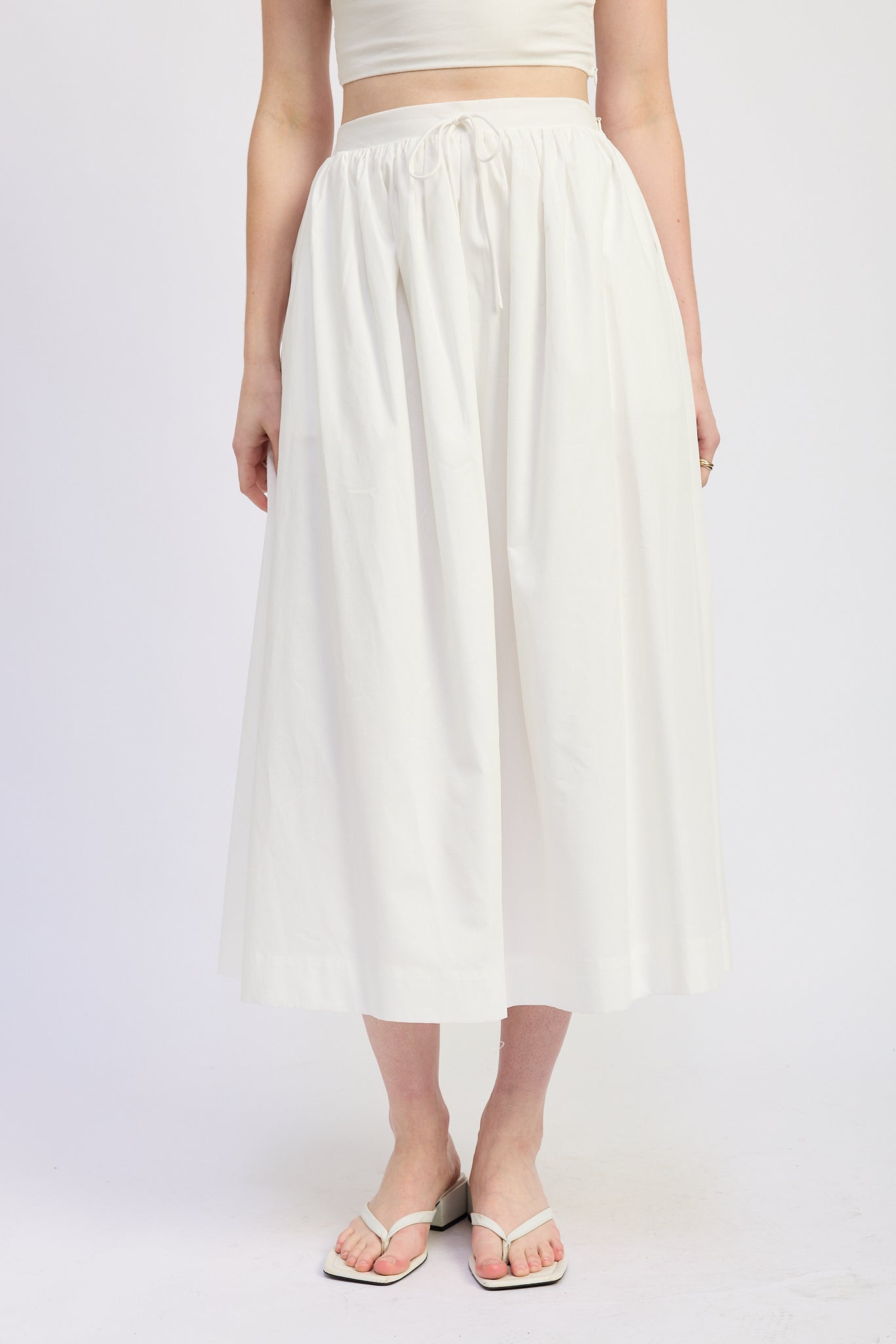 Full Shirred Midi Skirt — 100% Cotton Matching Set Flowing Silhouette - White Skirts