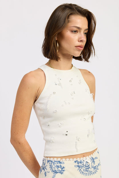 Racerback Water Bead Tank Top — Cotton Spandex Embellished Active Style - Tops