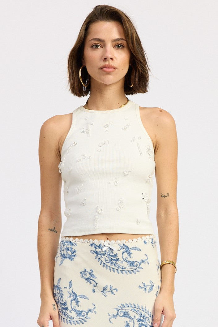 Racerback Water Bead Tank Top — Cotton Spandex Embellished Active Style - Tops