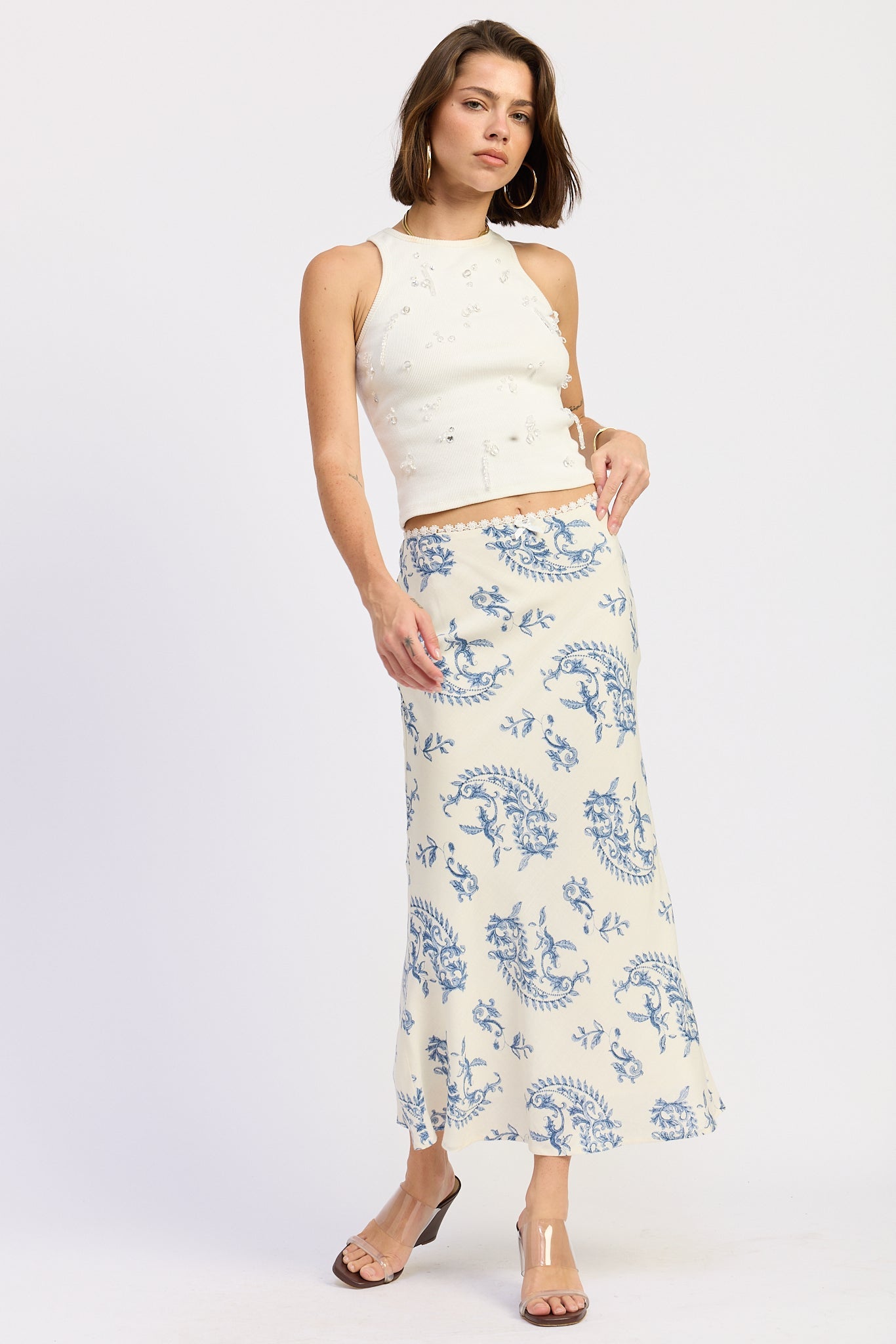 Racerback Water Bead Tank Top — Cotton Spandex Embellished Active Style - Off-White Tops