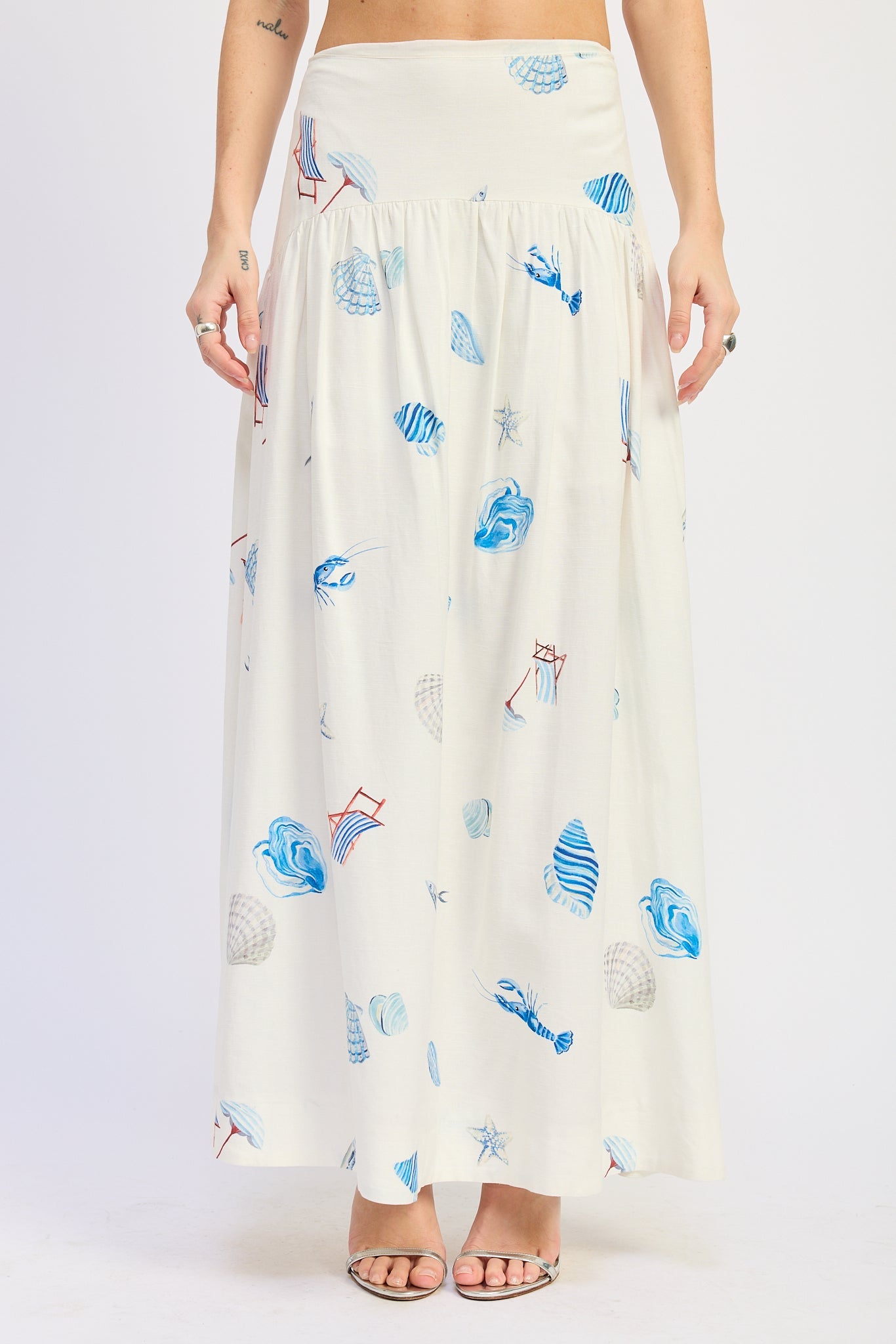Shell Print Linen Maxi Skirt — Viscose Linen Blend Matching Set Flowing Style - Off-White Skirts