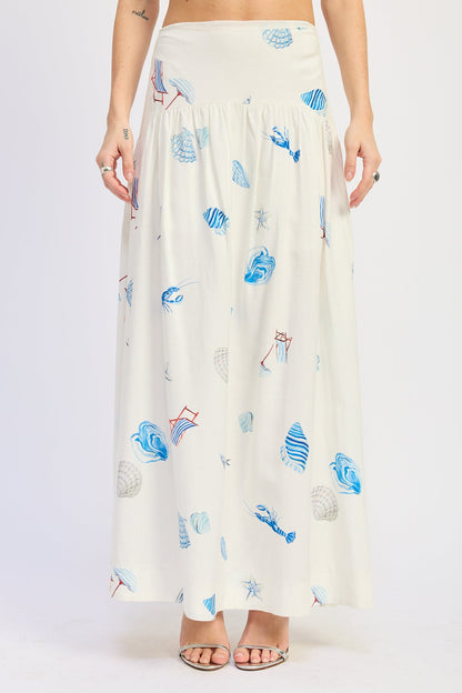 Shell Print Linen Maxi Skirt — Viscose Linen Blend Matching Set Flowing Style - Off-White Skirts
