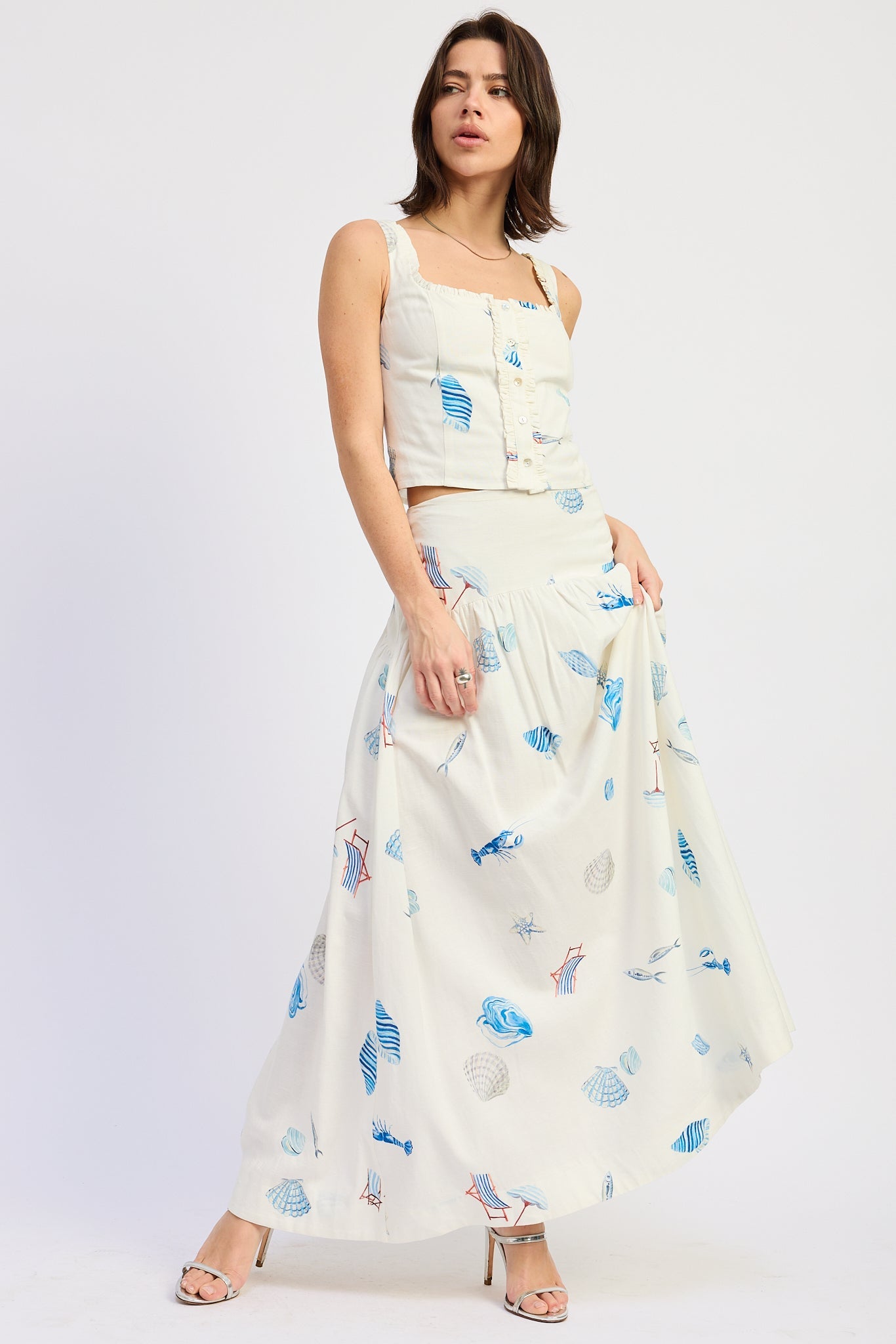 Shell Print Linen Maxi Skirt — Viscose Linen Blend Matching Set Flowing Style - Skirts