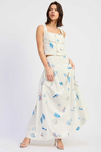 Shell Print Linen Maxi Skirt — Viscose Linen Blend Matching Set Flowing Style - Skirts
