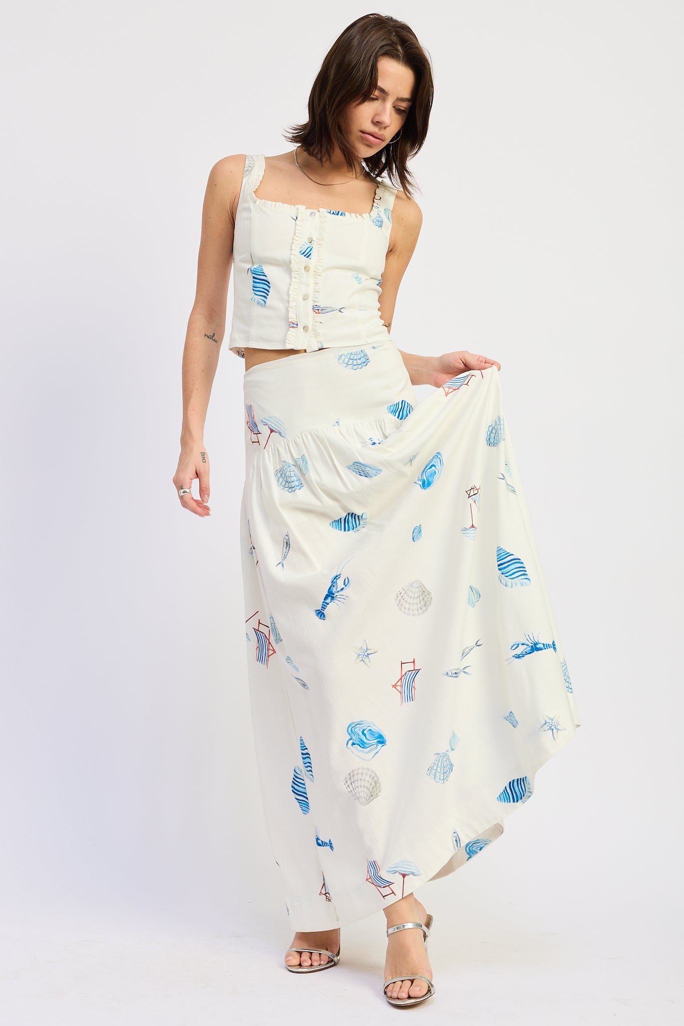Shell Print Linen Maxi Skirt — Viscose Linen Blend Matching Set Flowing Style - Skirts