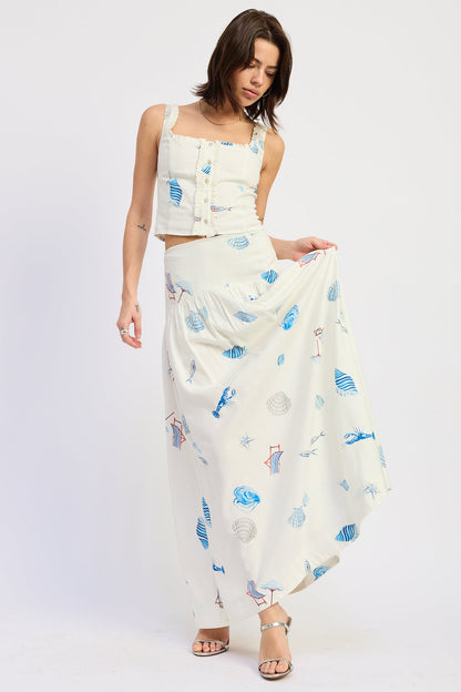 Shell Print Linen Maxi Skirt — Viscose Linen Blend Matching Set Flowing Style - Skirts