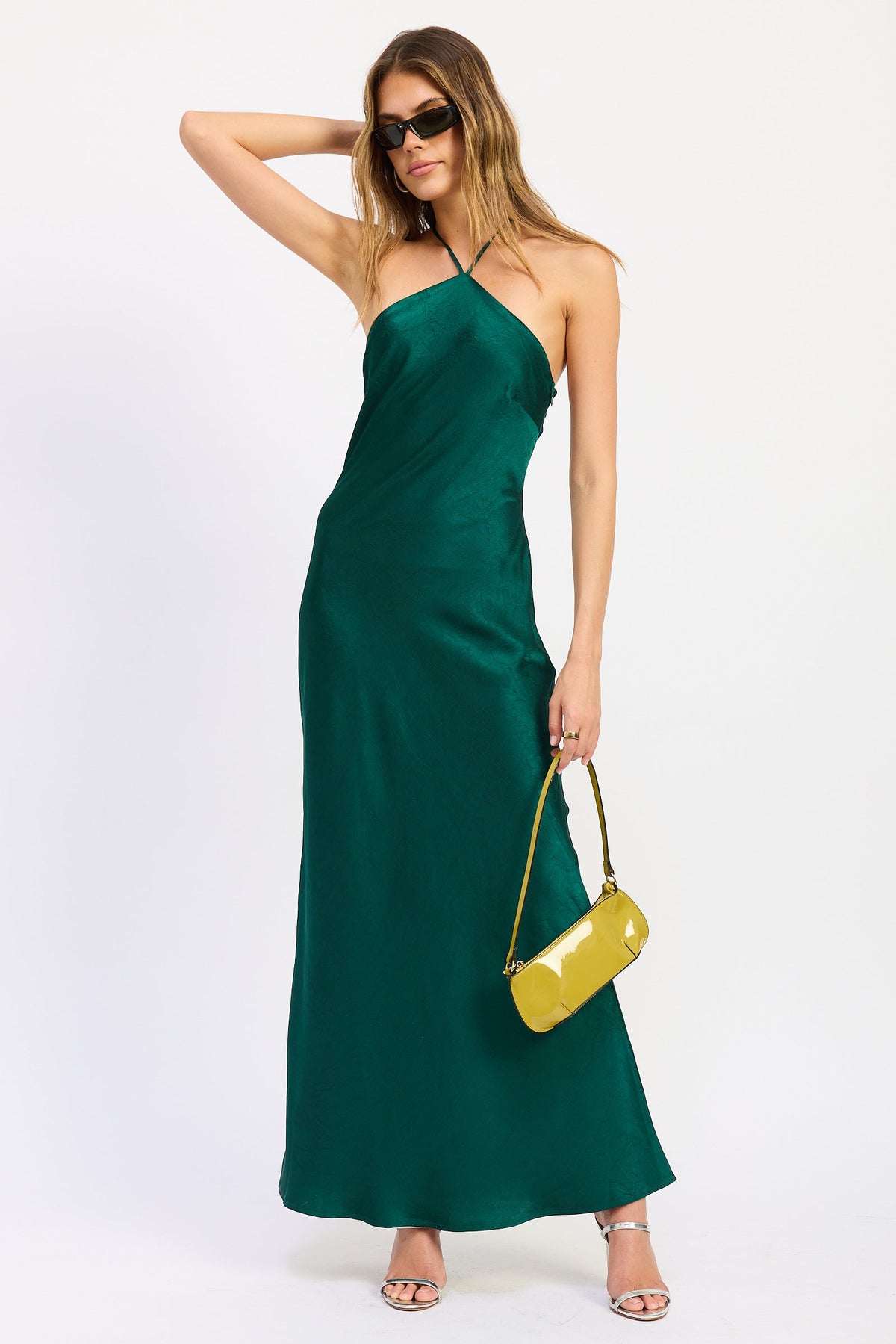 Sleeveless V-Neck Midi Dress with Flattering Fitted Silhouette Emerald