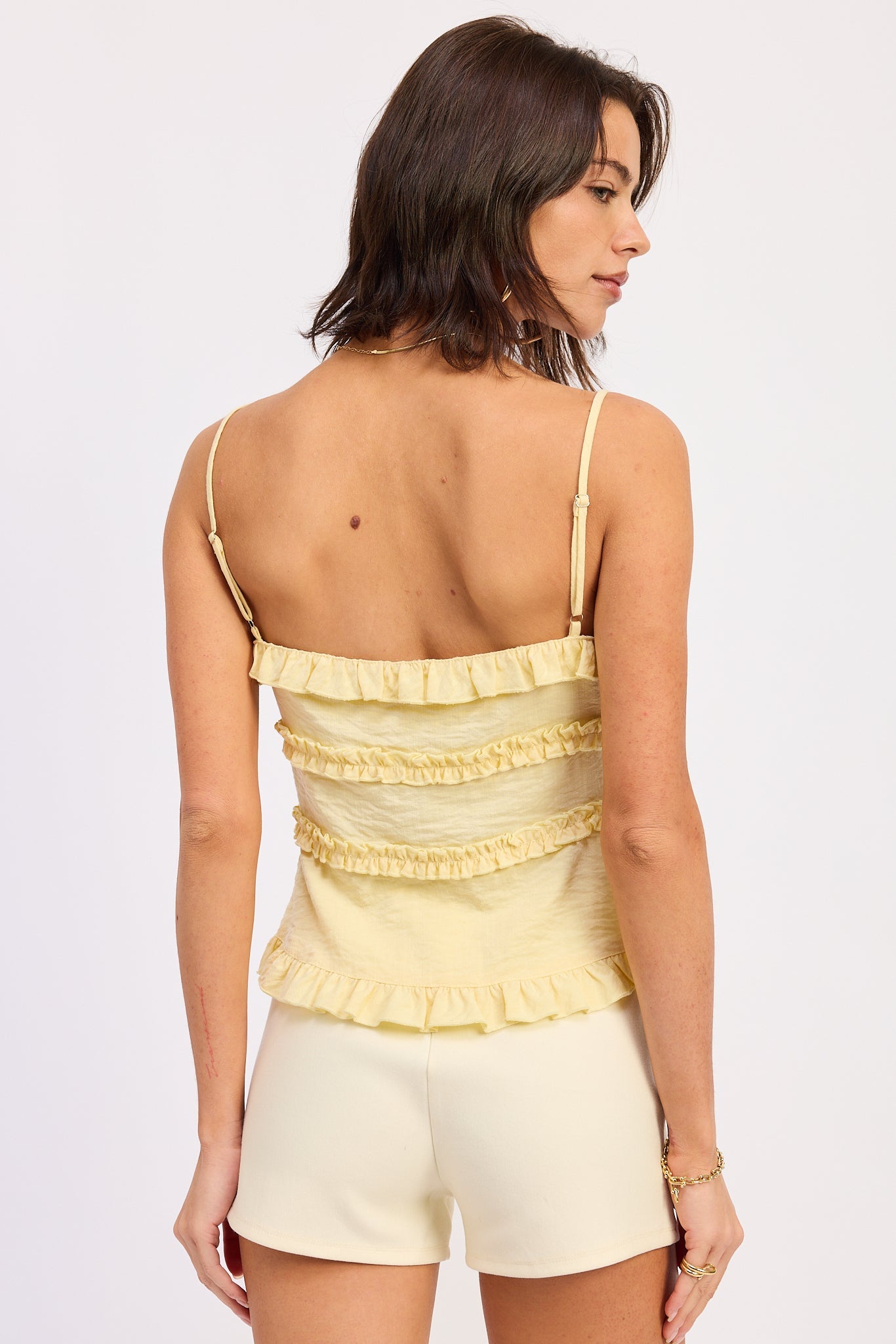 Ruffled Spaghetti Strap Cami Top — Rayon Nylon Spandex Blend Flowing Style - Tops