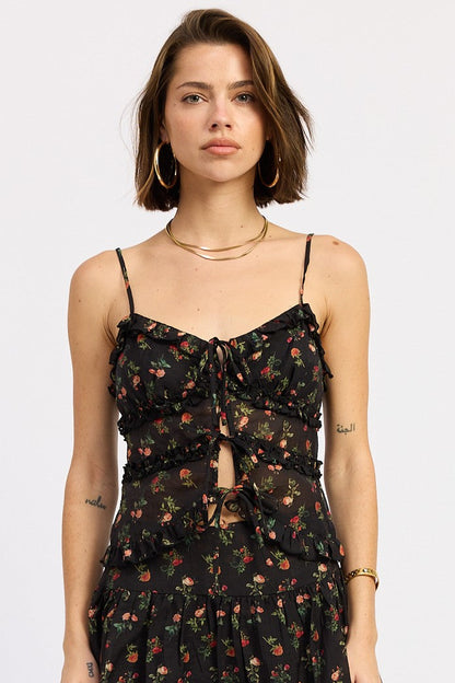Ruffled Front Tie Cami Top — Lyocell Nylon Floral Print Flowy Style - Tops