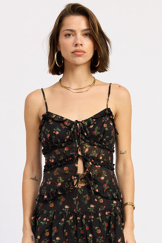 Ruffled Front Tie Cami Top — Lyocell Nylon Floral Print Flowy Style - Tops