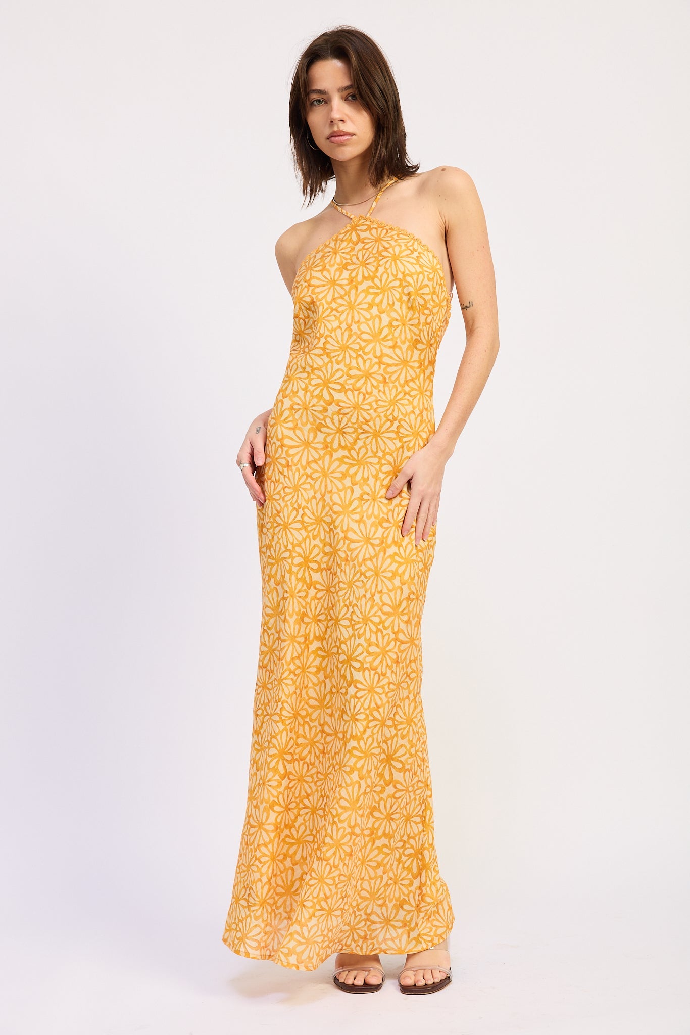 Cross Back Halter Midi Dress — Lyocell Nylon Linen Blend Elegant Silhouette - Tangerine Midi Dresses