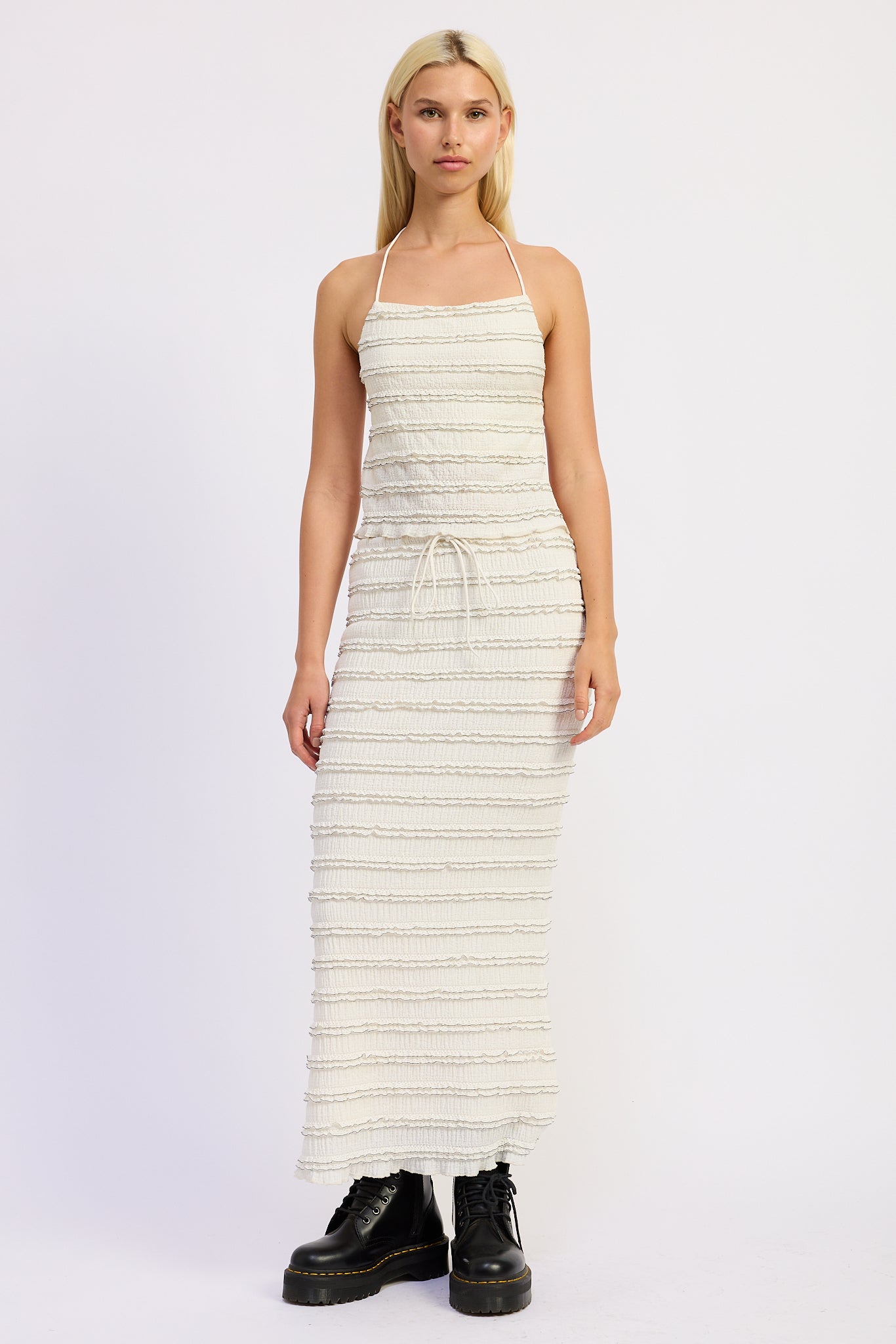 Smocked Ruffle Open Back Tank Top — Polyester Spandex Matching Set Style - Ivory Tank top