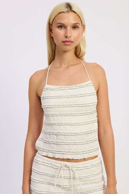 Smocked Ruffle Open Back Tank Top — Polyester Spandex Matching Set Style - Tank top