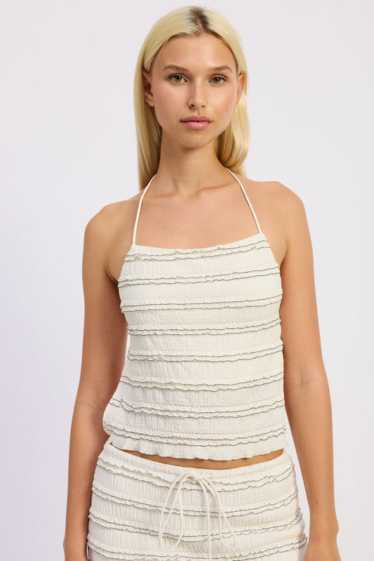 Smocked Ruffle Open Back Tank Top — Polyester Spandex Matching Set Style - Tank top