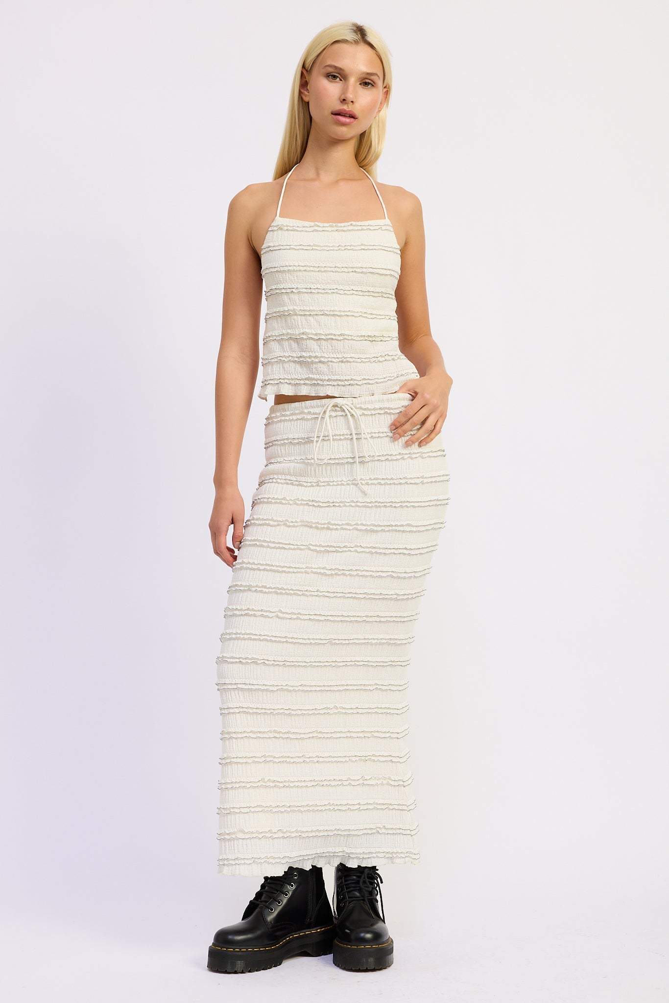 Low Rise Ruffle Maxi Skirt — Polyester Spandex Matching Set Flowy Style - Ivory Skirts