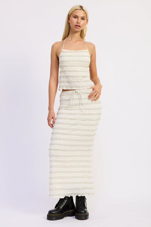 Low Rise Ruffle Maxi Skirt — Polyester Spandex Matching Set Flowy Style - Ivory Skirts