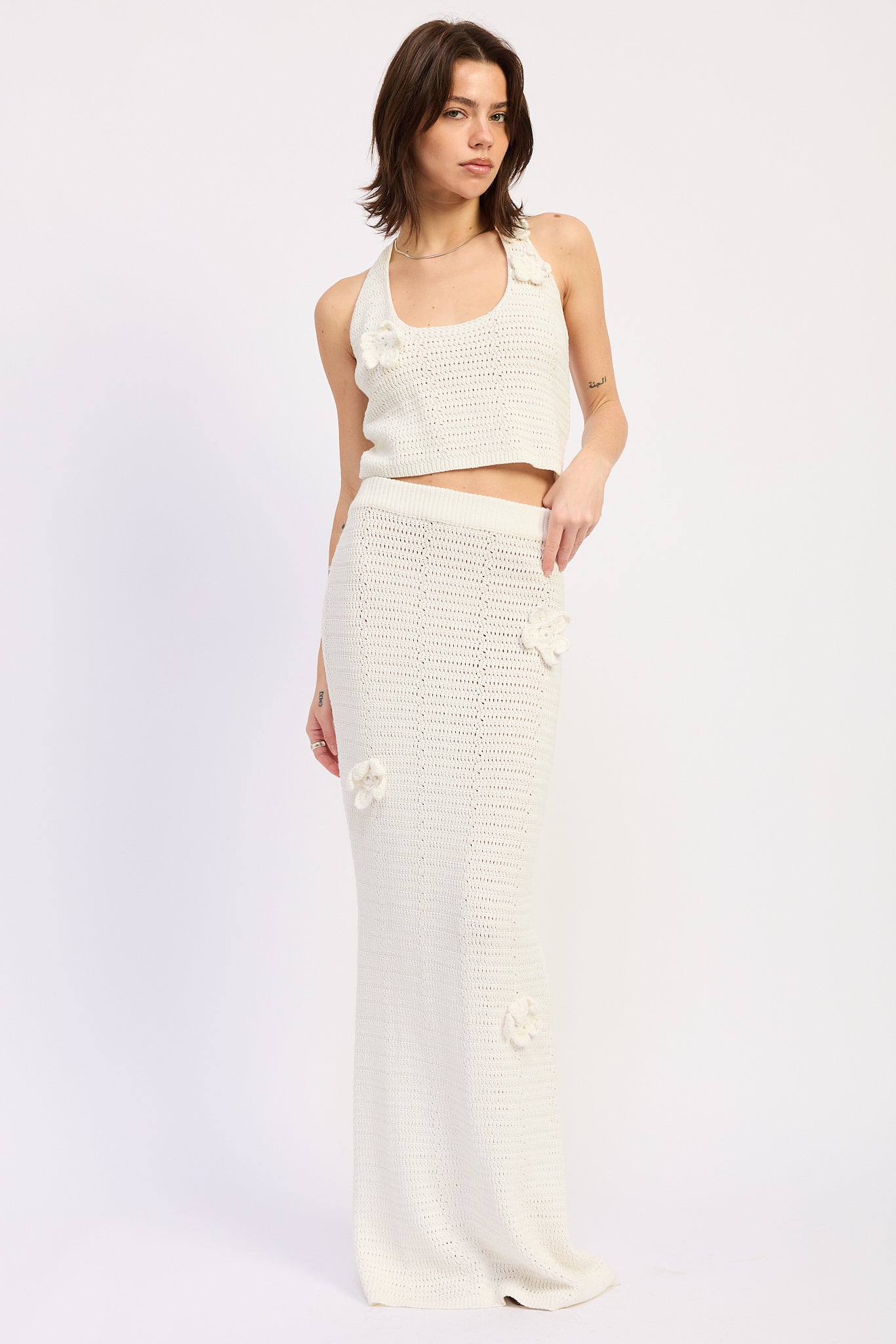 Crochet Cropped Neck Tie Halter Top — 100% Cotton Matching Set Boho Style - Ivory Tops
