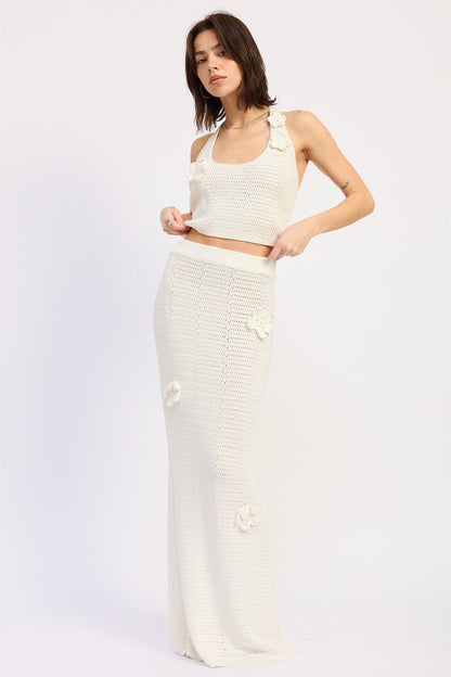 Crochet Flower Appliqué 100% Cotton Maxi Skirt — Matching Set Bohemian Feminine Style
