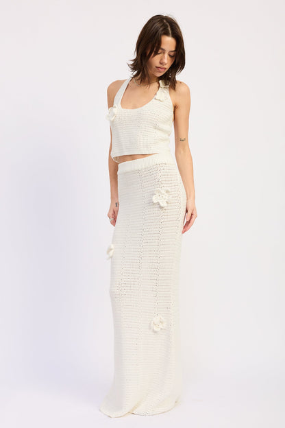 Crochet Flower Appliqué 100% Cotton Maxi Skirt — Matching Set Bohemian Feminine Style