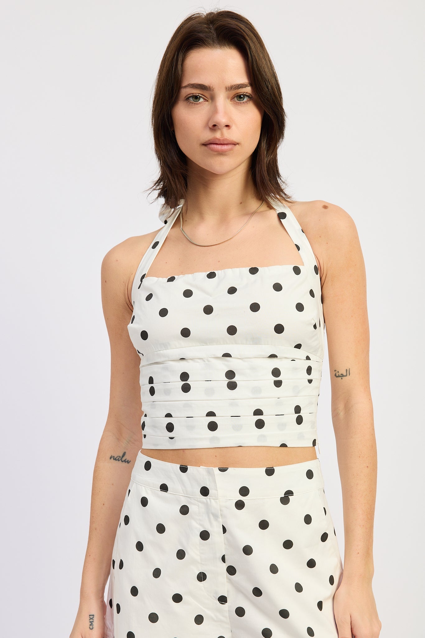 Square Neck Halter Top — 100% Cotton Polka Dot Matching Set Style - Off White Black Polka Dot Tops