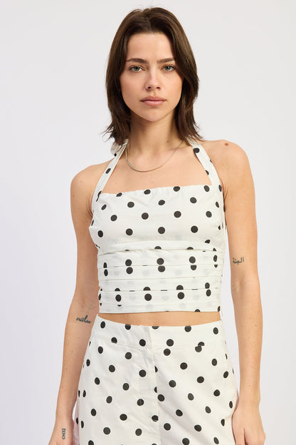Square Neck Halter Top — 100% Cotton Polka Dot Matching Set Style - Off White Black Polka Dot Tops