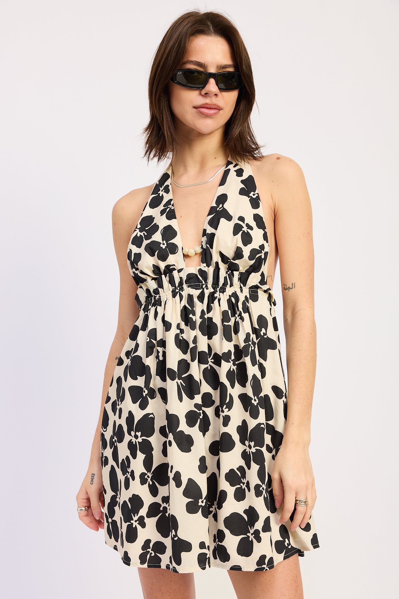 Bead Trim Cinched Waist Mini Halter Dress — 100% Cotton Lining Feminine Style - Ivory Black Mini Dresses